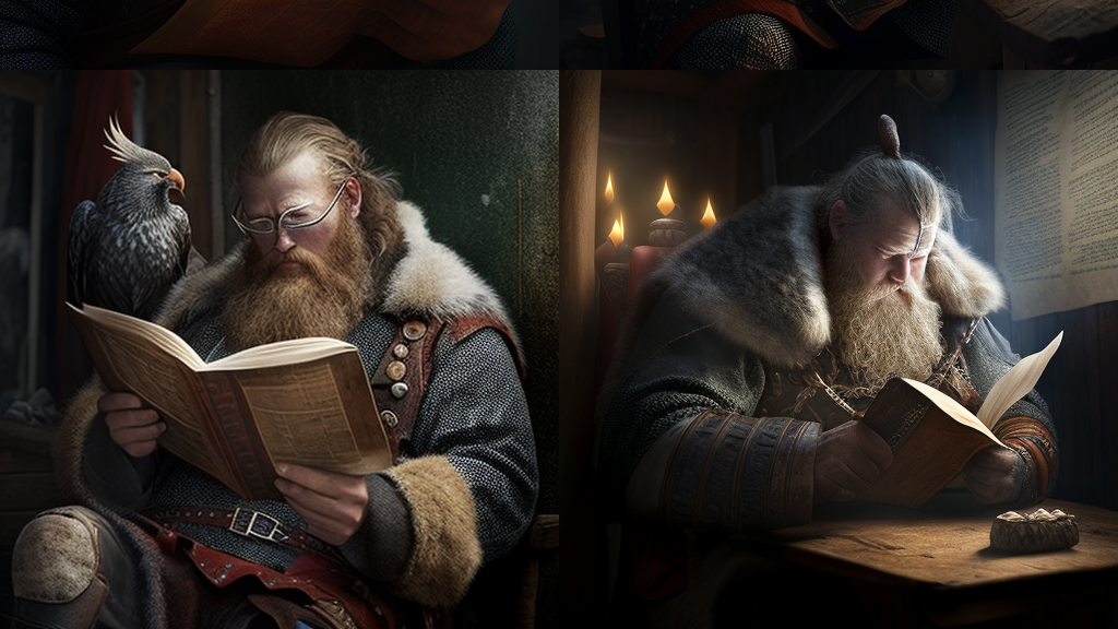 Illustration: Kunstigt skabt billede af vikinger der læser en bog